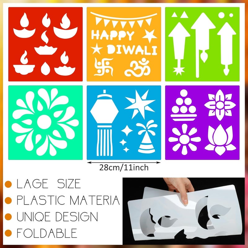 Watersay 6 Set Diwali Large Rangoli Stencil 11" x 11" Reusable Plastic Mandala Painting Stencil Indian Traditional Festival Painting on Wood Floor Wall Tile Fabric Furniture DIY Craft (Novel Style) - Image 2